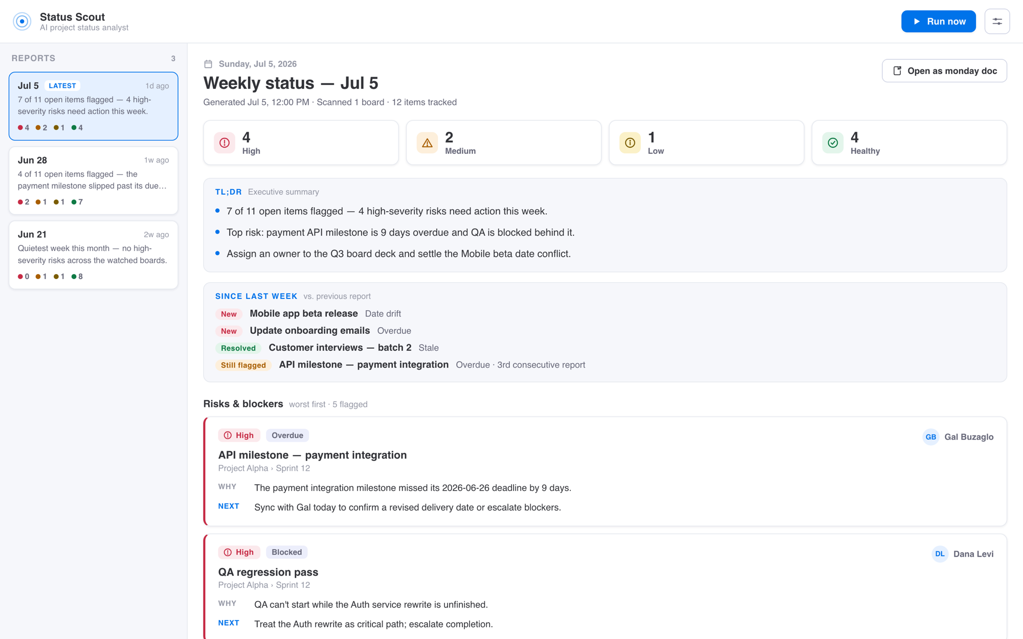 A Status Scout weekly report: health chips counting 4 high, 2 medium, 1 low and 4 healthy items; a three-bullet executive summary; a since-last-week change list; and risk cards, each with a why and a suggested next step.